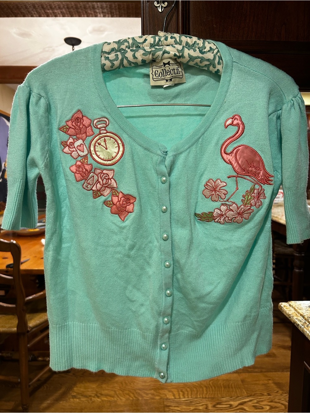 Collectif NWOT Pink Flamingos Aqua US18 cardigan sweater puff shoulder short sl